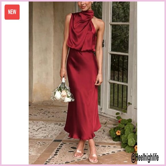 Satin Maxi Dress Sleeveless Mock Neck Formal Cocktail Party - Picture 5 of 8